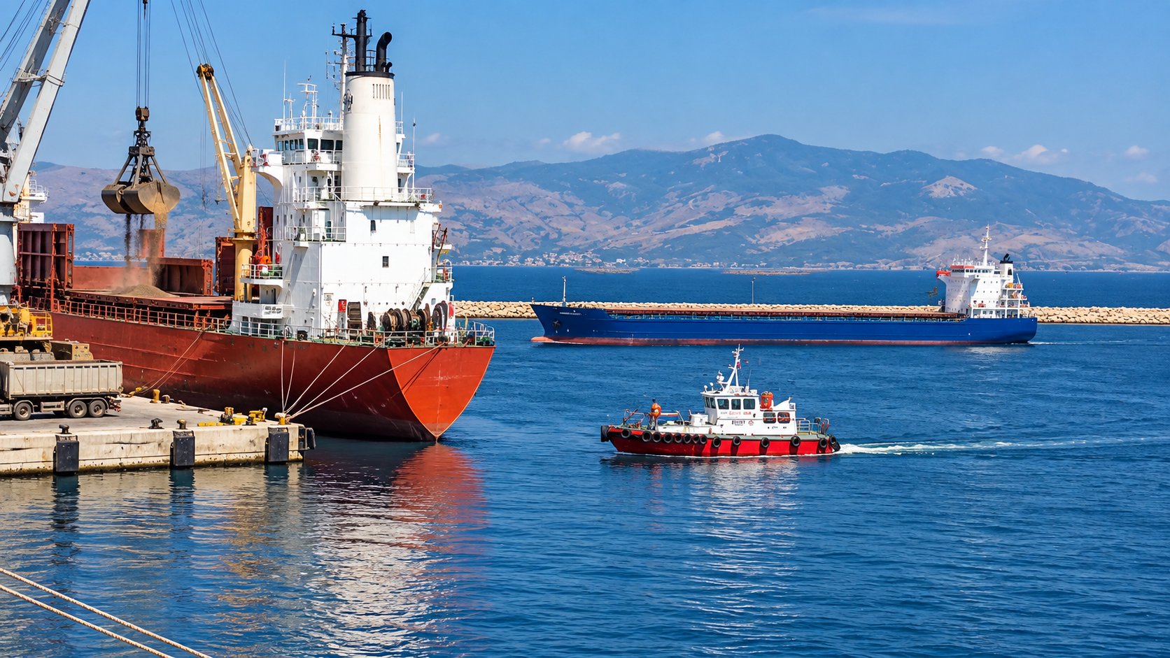 Dry cargo vessel handling bulk cargo in port with a tugboat nearby