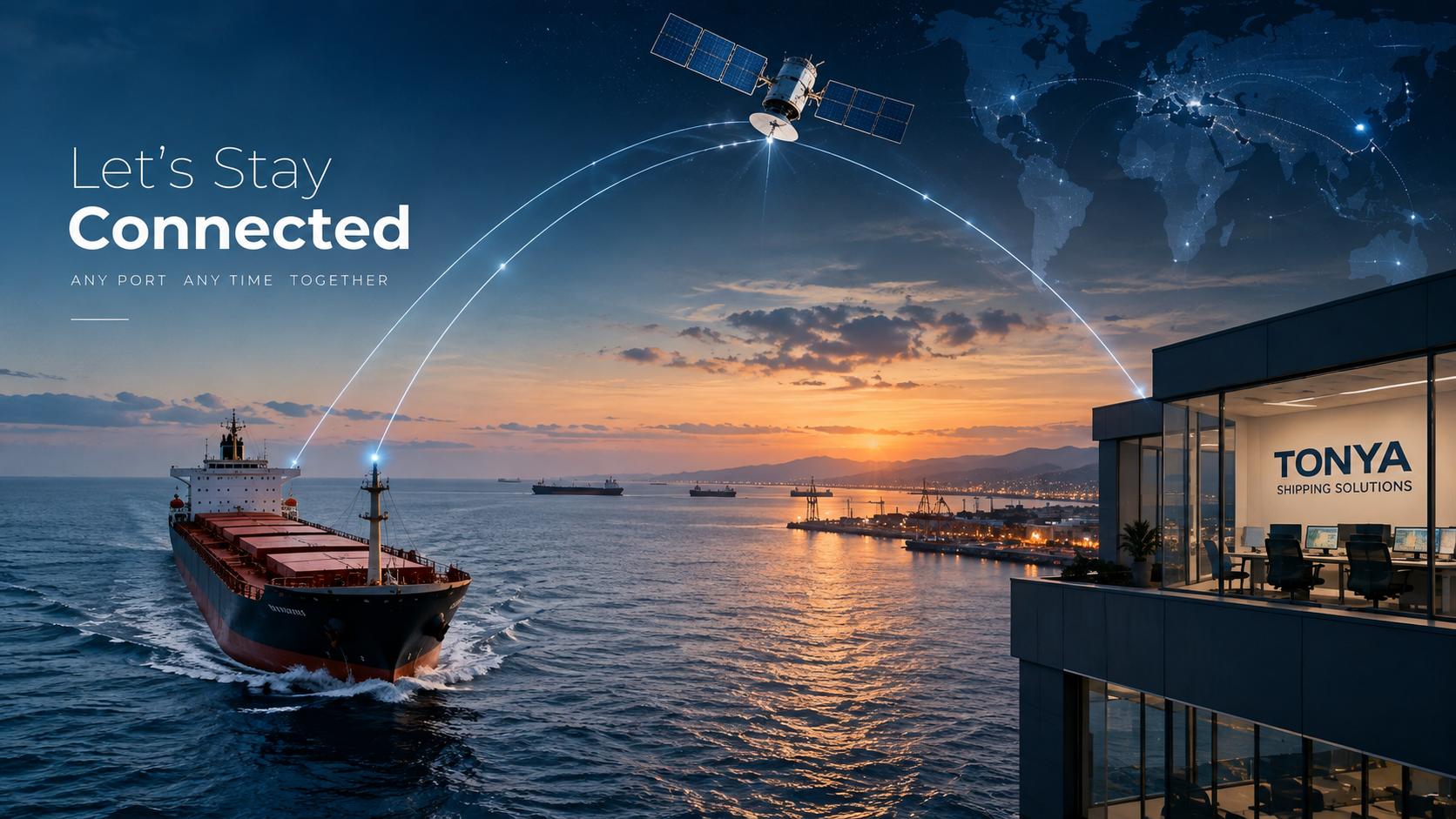 Cargo vessel at sea, satellite connectivity network and TONYA operations office